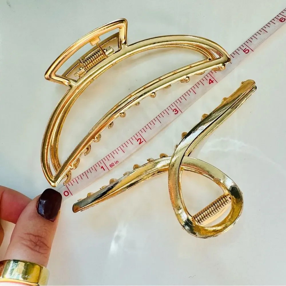 NEW ANTHROPOLOGIE Jumbo XL Crescent Moon Open Gold Metal Hair Claw Clip Set 2